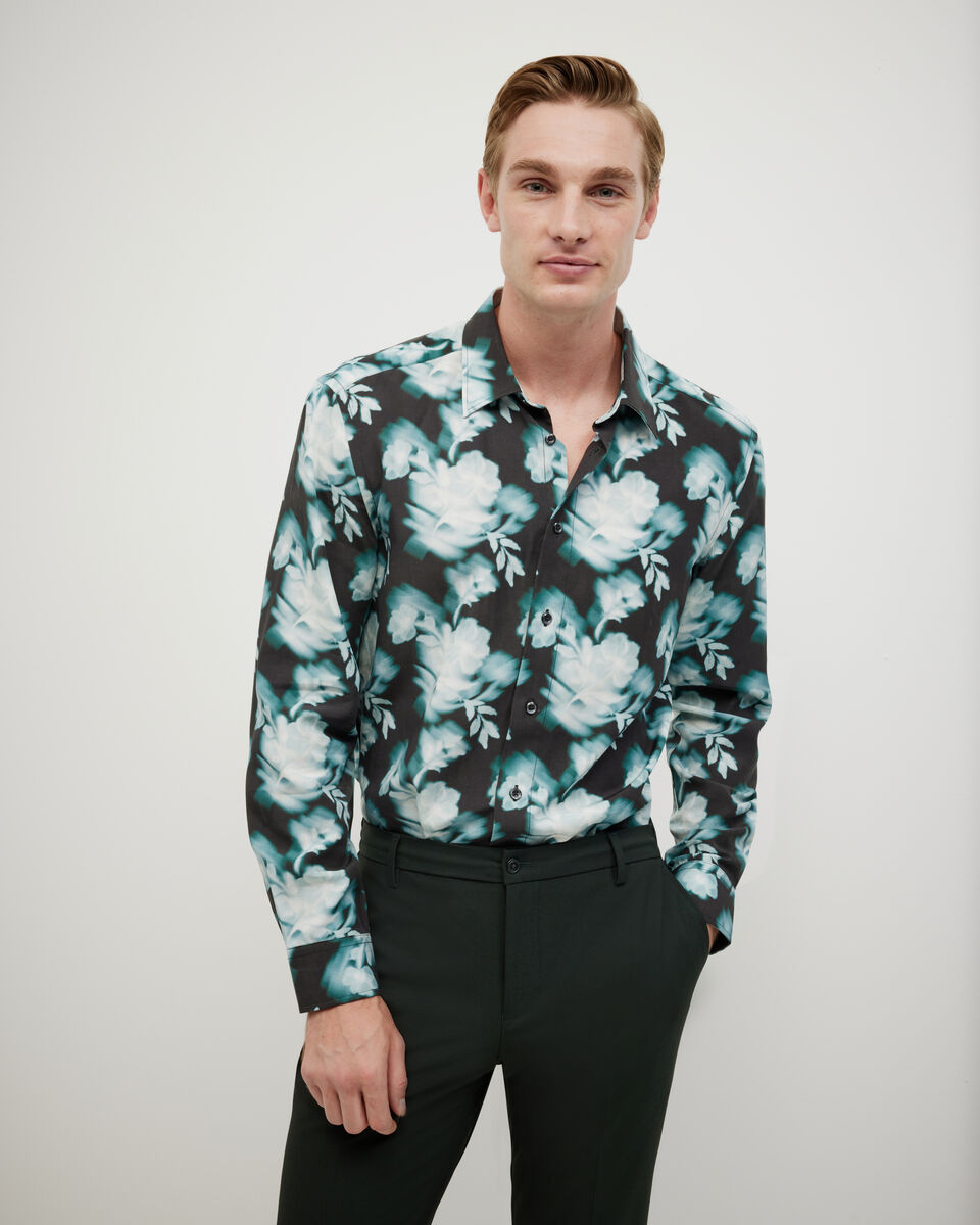 Distorted Floral Printed Long Sleeve Shirt, Green Blurred Floral, hi-res